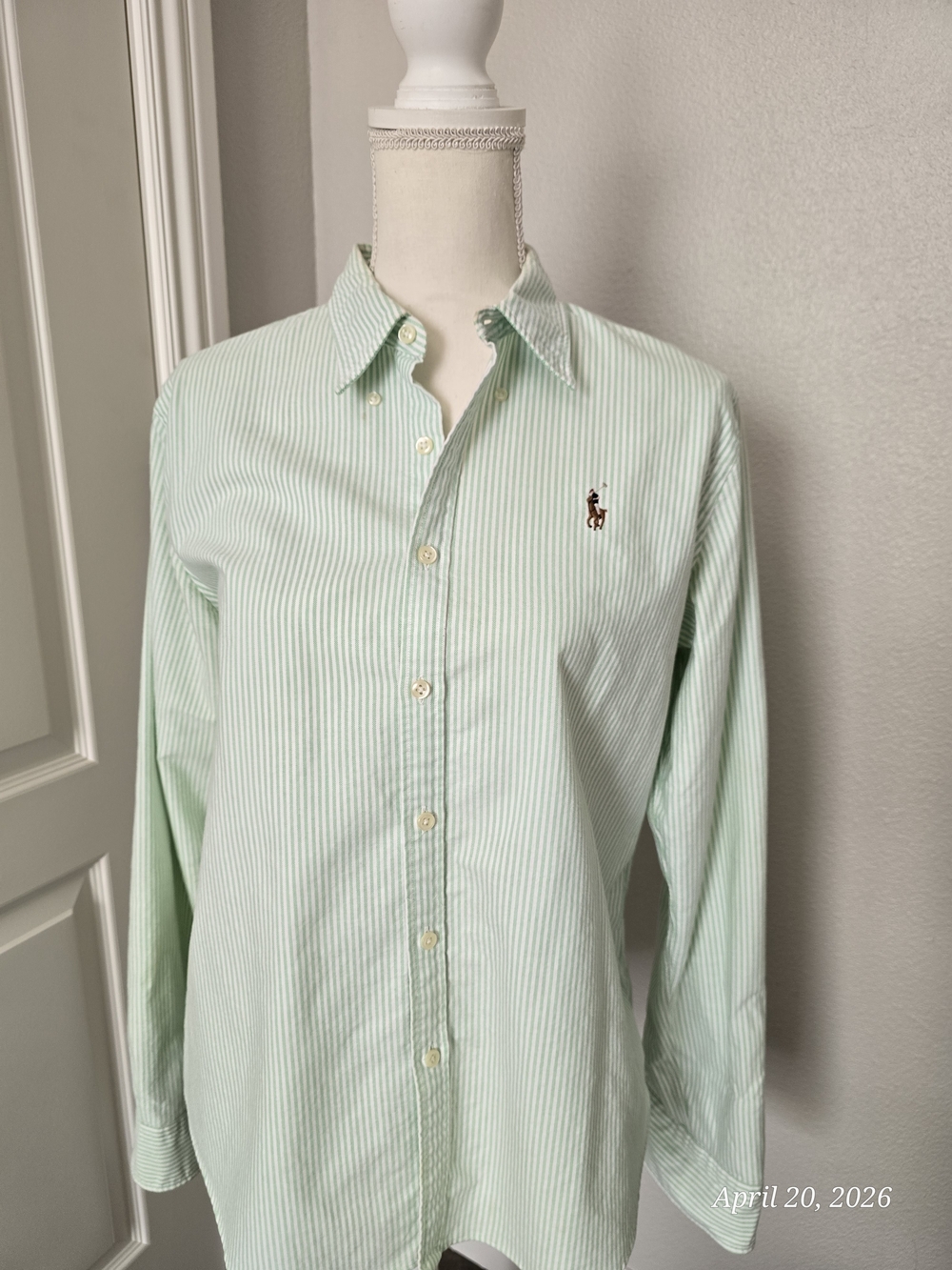 Ralph Lauren Light Green Striped Button-Up Oxford Blouse